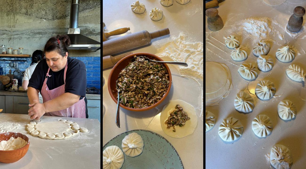 Three stages of preparing traditional Georgian khinkali dumplings, from preparing the dough to filling and folding them